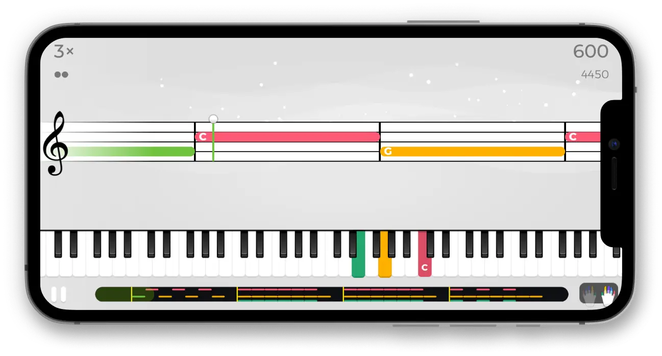 L'app Yousician che mostra una sessione di pratica al piano