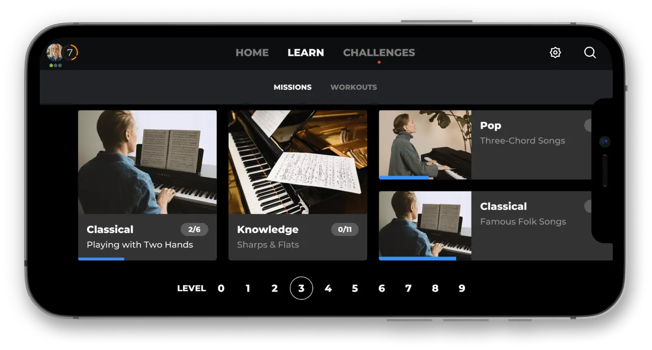 L'app Yousician che mostra un piano virtuale a colori