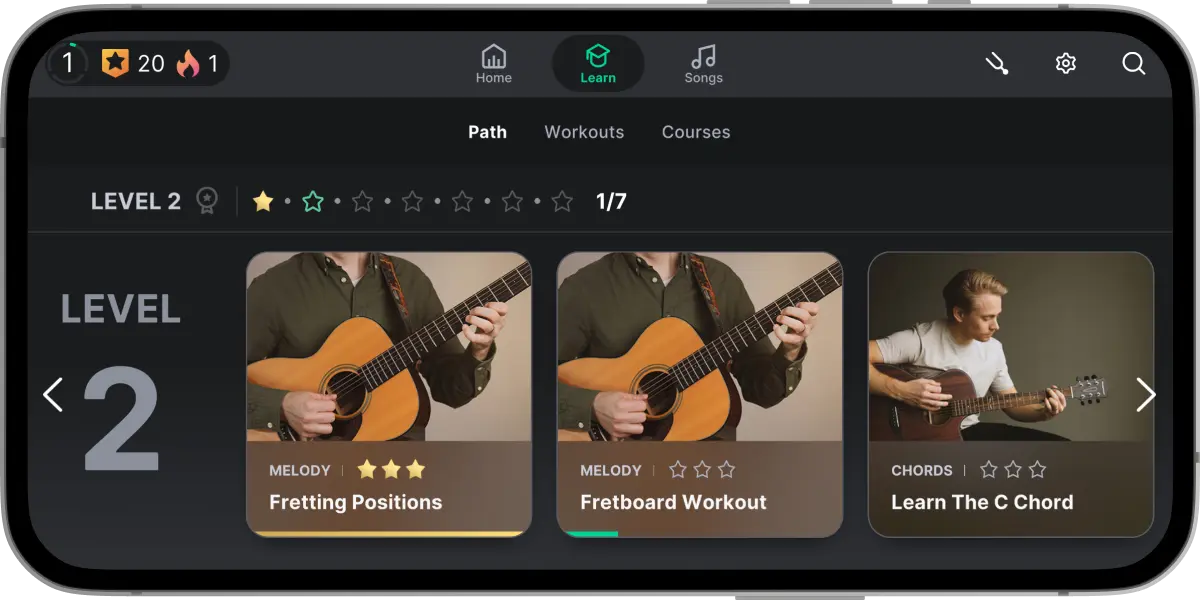 L'app Yousician che mostra l'avanzamento di livello di un giocatore